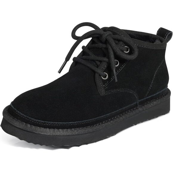 Women's Black Genuine Suede Mini Fur Lined Ankle Boots Short Lace Up Snow Boots - Picture 3 of 7